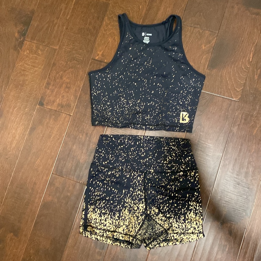 BuffBunny Black and Gold Speckled Athletic Set shorts and sports bra